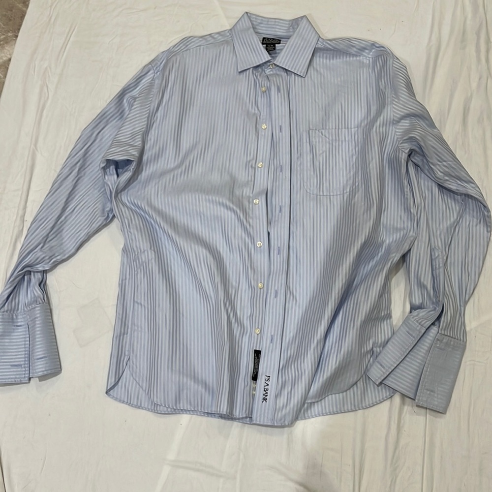 Dress shirt. French cuffs. 16 x 36. Wrinkle free. Blue and white stripes